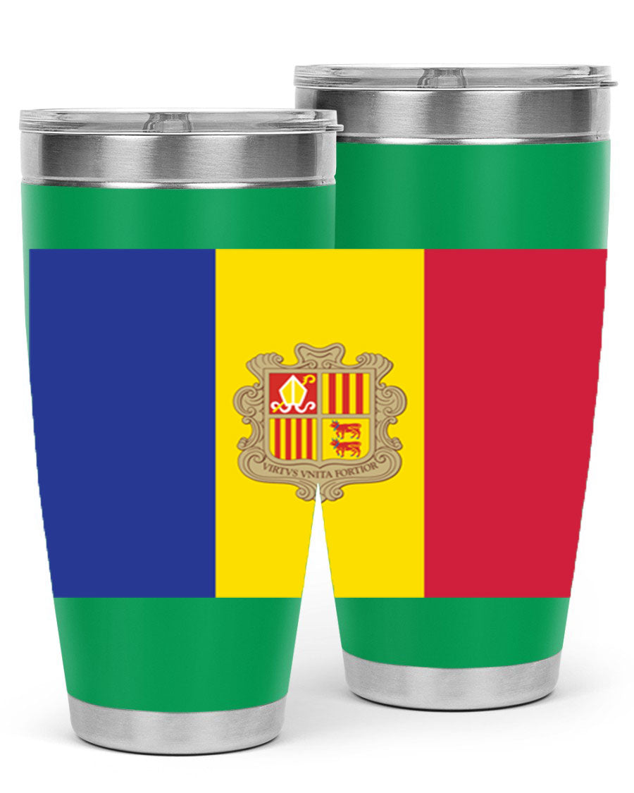 Andorra 194# Tumbler showcasing the Andorra flag design, made of stainless steel with a copper lining, perfect for hot and cold beverages.