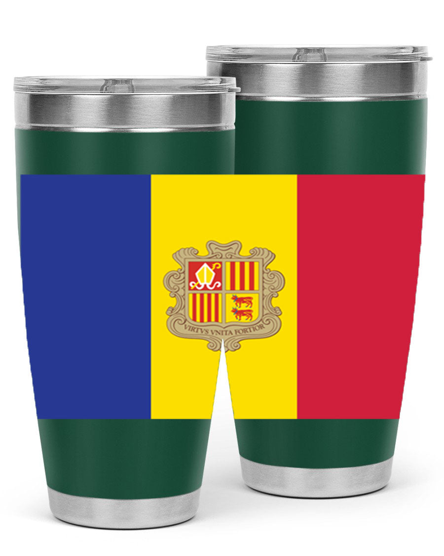 Andorra 194# Tumbler showcasing the Andorra flag design, made of stainless steel with a copper lining, perfect for hot and cold beverages.
