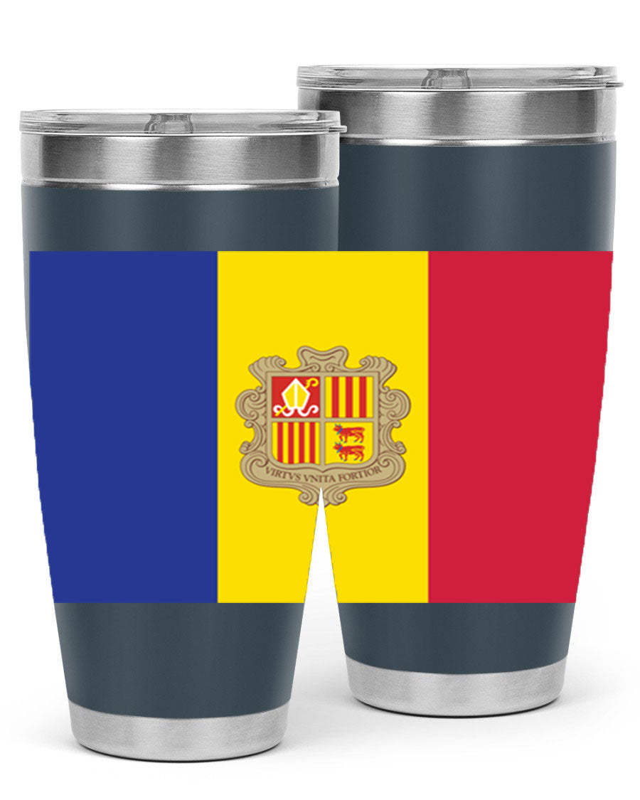 Andorra 194# Tumbler showcasing the Andorra flag design, made of stainless steel with a copper lining, perfect for hot and cold beverages.