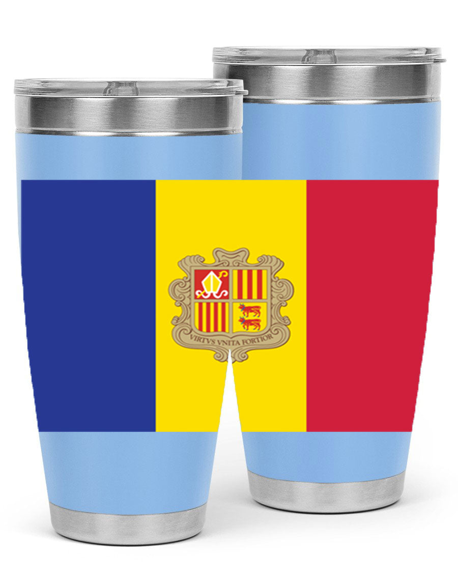 Andorra 194# Tumbler showcasing the Andorra flag design, made of stainless steel with a copper lining, perfect for hot and cold beverages.