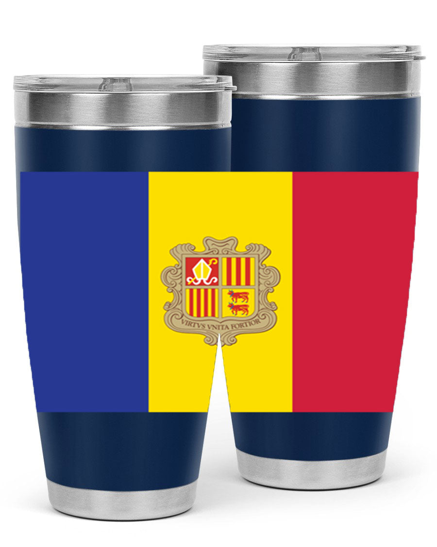 Andorra 194# Tumbler showcasing the Andorra flag design, made of stainless steel with a copper lining, perfect for hot and cold beverages.