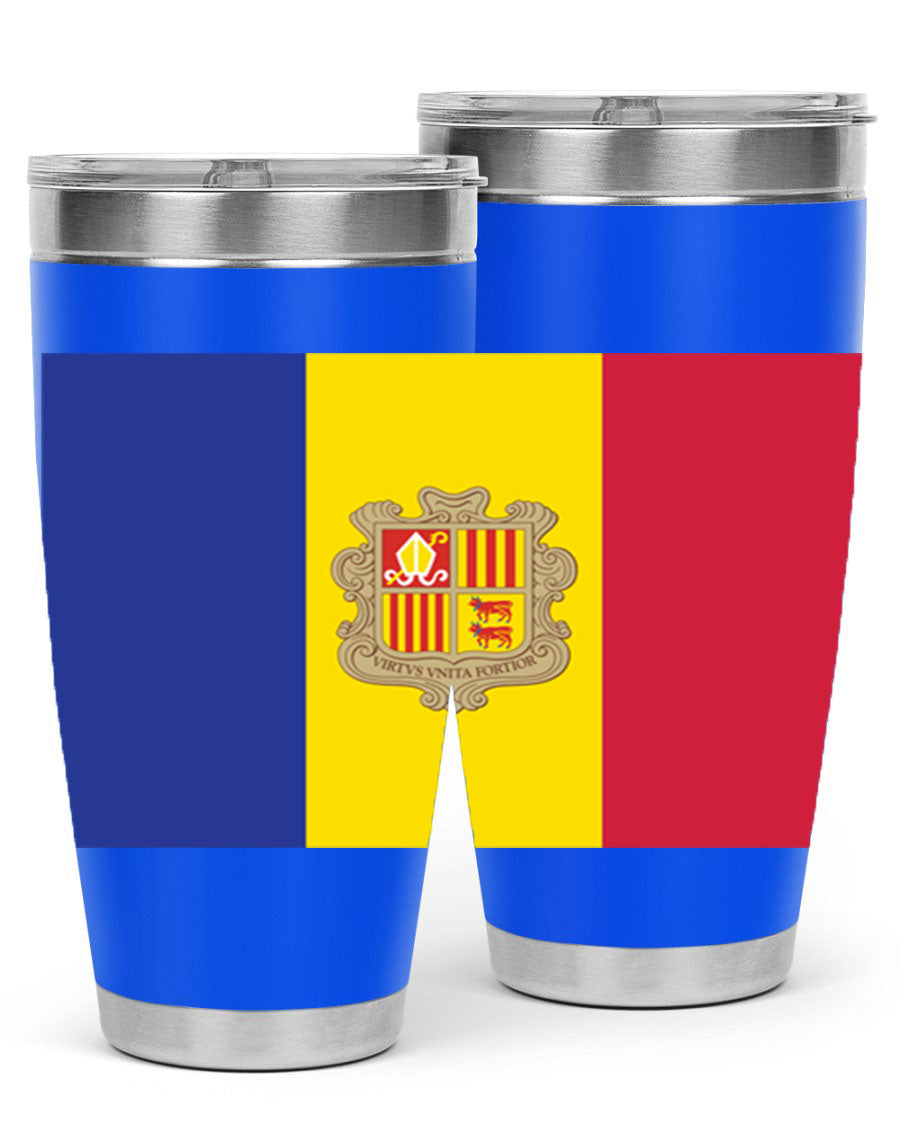 Andorra 194# Tumbler showcasing the Andorra flag design, made of stainless steel with a copper lining, perfect for hot and cold beverages.