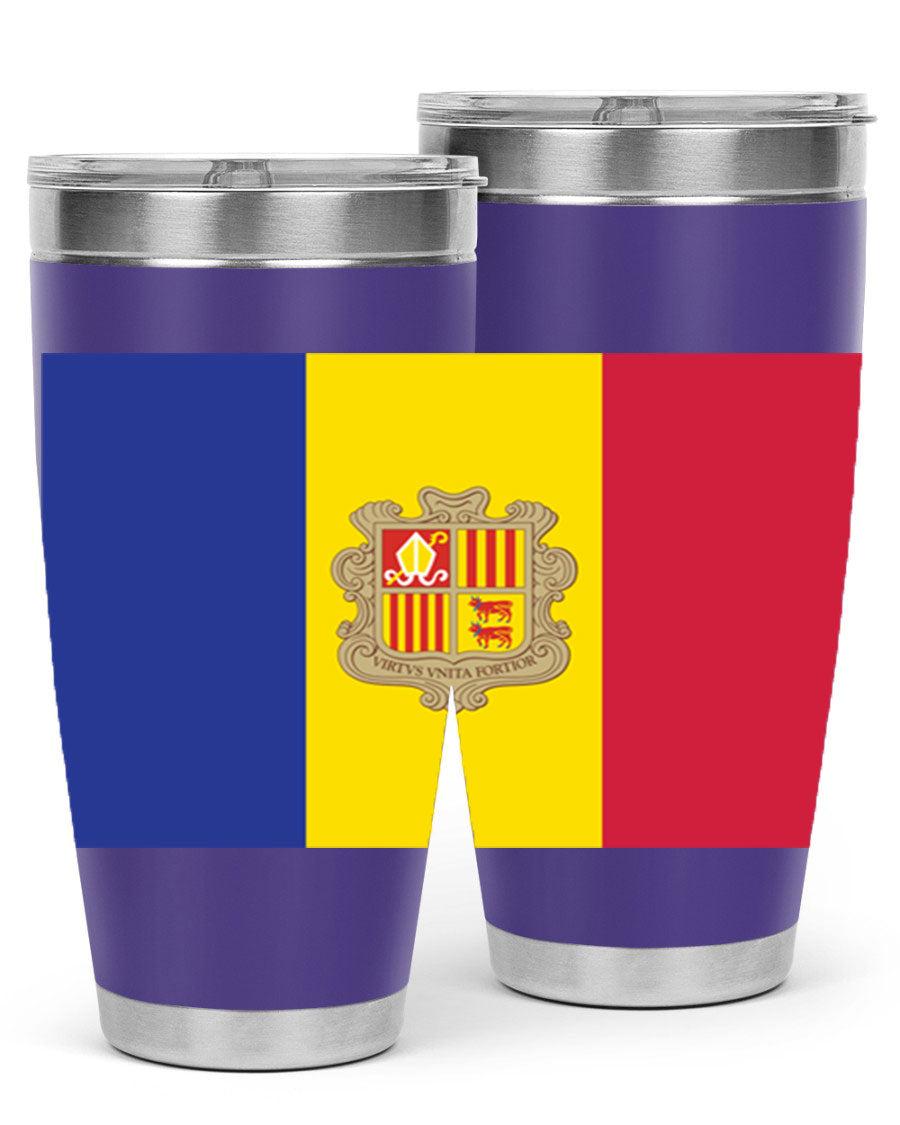 Andorra 194# Tumbler showcasing the Andorra flag design, made of stainless steel with a copper lining, perfect for hot and cold beverages.