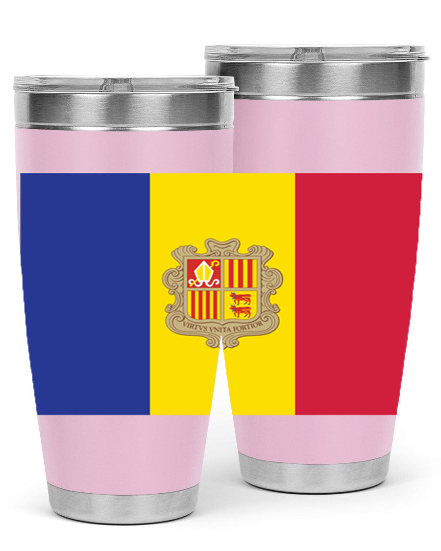 Andorra 194# Tumbler showcasing the Andorra flag design, made of stainless steel with a copper lining, perfect for hot and cold beverages.