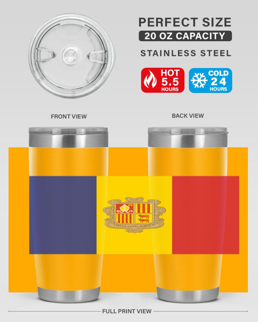 Andorra 194# Tumbler showcasing the Andorra flag design, made of stainless steel with a copper lining, perfect for hot and cold beverages.
