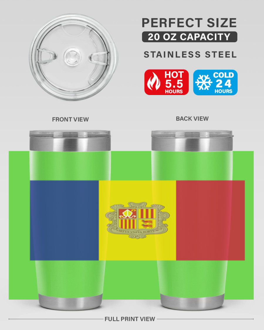 Andorra 194# Tumbler showcasing the Andorra flag design, made of stainless steel with a copper lining, perfect for hot and cold beverages.