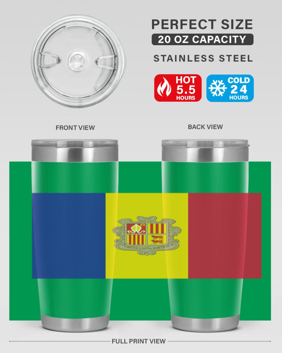 Andorra 194# Tumbler showcasing the Andorra flag design, made of stainless steel with a copper lining, perfect for hot and cold beverages.