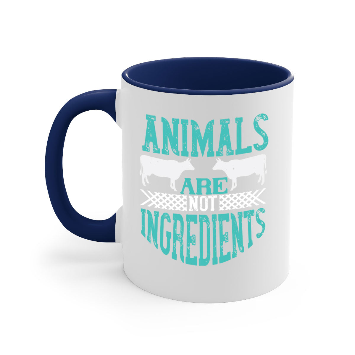 Animals Are Not Ingredients 103# Vegan Mug with colorful handle and glossy finish, available in multiple colors and sizes.