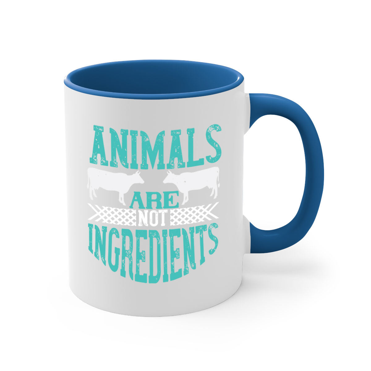 Animals Are Not Ingredients 103# Vegan Mug with colorful handle and glossy finish, available in multiple colors and sizes.
