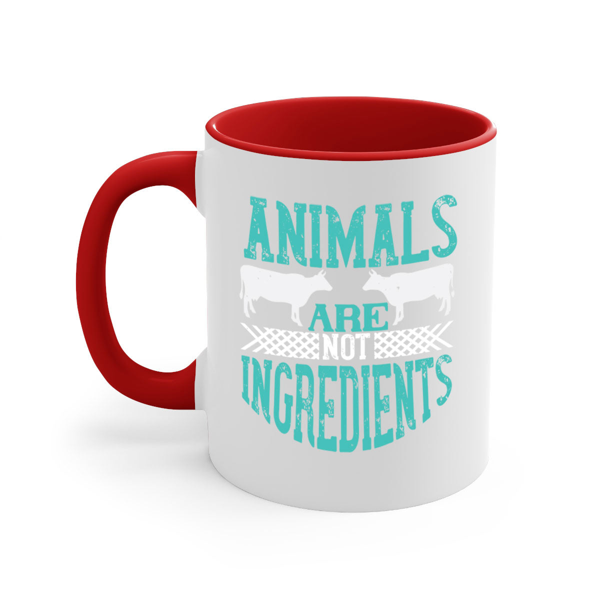 Animals Are Not Ingredients 103# Vegan Mug with colorful handle and glossy finish, available in multiple colors and sizes.
