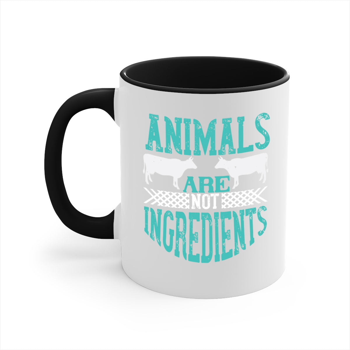 Animals Are Not Ingredients 103# Vegan Mug with colorful handle and glossy finish, available in multiple colors and sizes.