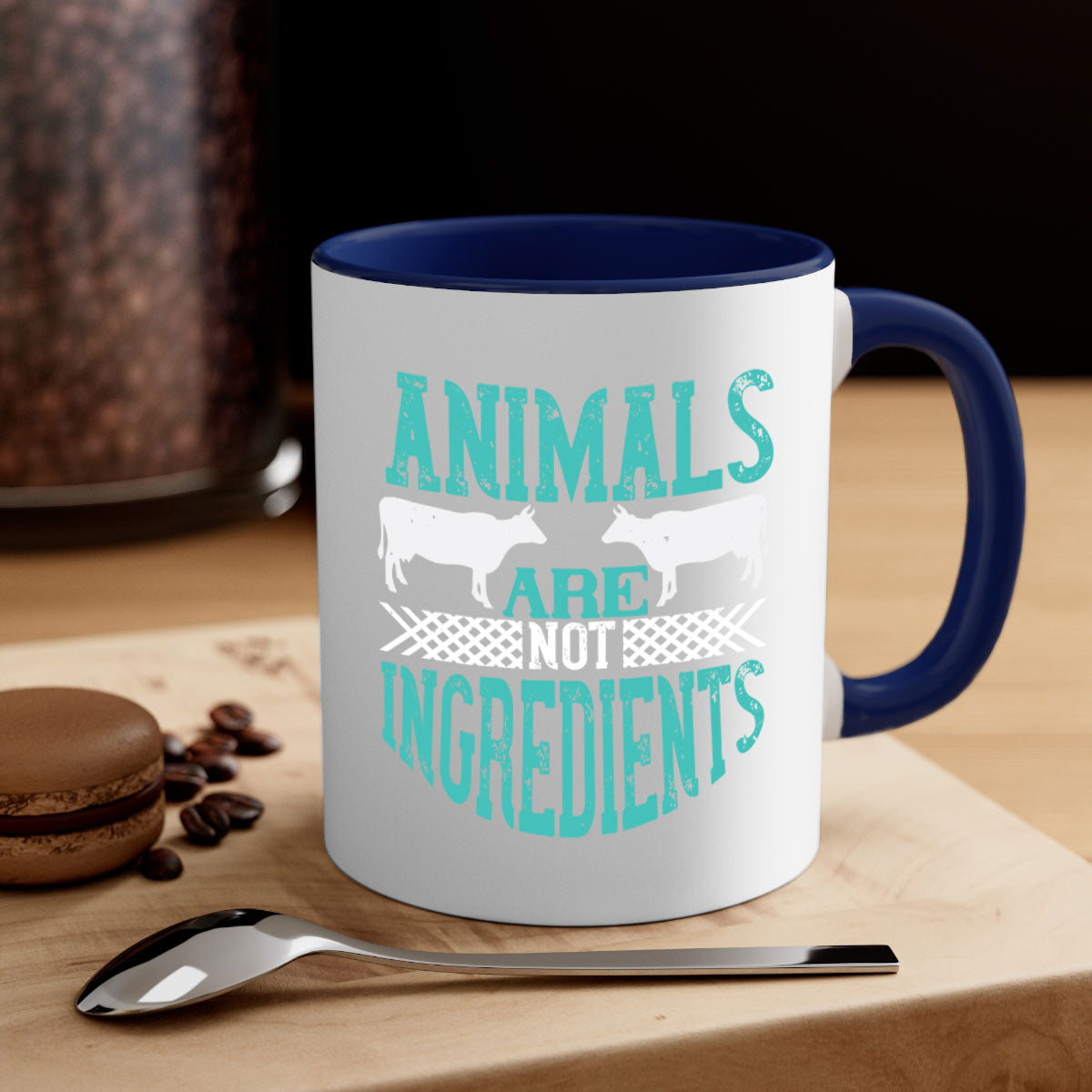 Animals Are Not Ingredients 103# Vegan Mug with colorful handle and glossy finish, available in multiple colors and sizes.