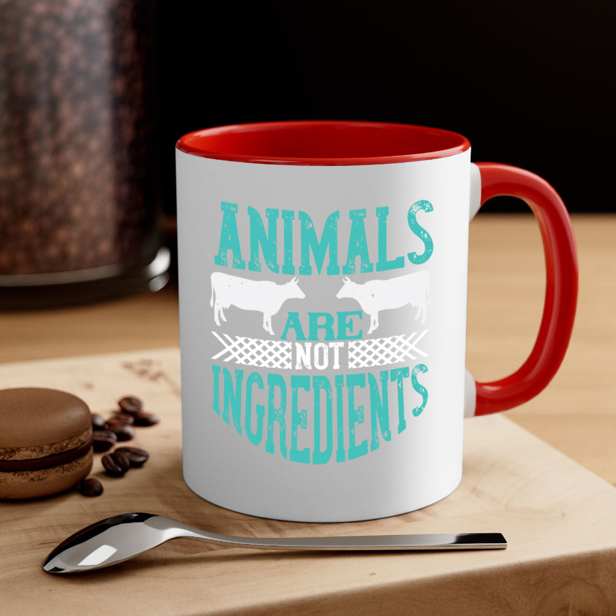 Animals Are Not Ingredients 103# Vegan Mug with colorful handle and glossy finish, available in multiple colors and sizes.