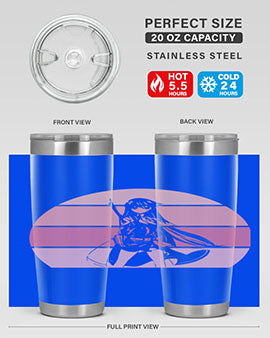 Anime art 197# tumbler featuring vibrant anime designs, double wall vacuum stainless steel construction, and a press-in drink-thru lid.