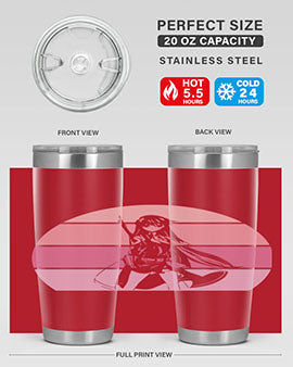 Anime art 197# tumbler featuring vibrant anime designs, double wall vacuum stainless steel construction, and a press-in drink-thru lid.