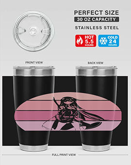 Anime art 197# tumbler featuring vibrant anime designs, double wall vacuum stainless steel construction, and a press-in drink-thru lid.