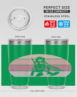Anime art 197# tumbler featuring vibrant anime designs, double wall vacuum stainless steel construction, and a press-in drink-thru lid.