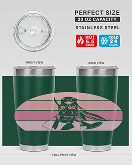 Anime art 197# tumbler featuring vibrant anime designs, double wall vacuum stainless steel construction, and a press-in drink-thru lid.