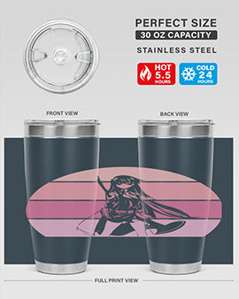 Anime art 197# tumbler featuring vibrant anime designs, double wall vacuum stainless steel construction, and a press-in drink-thru lid.