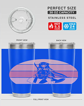 Anime art 197# tumbler featuring vibrant anime designs, double wall vacuum stainless steel construction, and a press-in drink-thru lid.