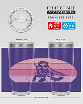 Anime art 197# tumbler featuring vibrant anime designs, double wall vacuum stainless steel construction, and a press-in drink-thru lid.