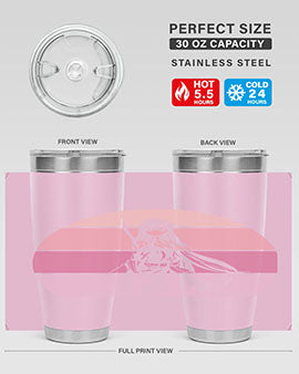 Anime art 197# tumbler featuring vibrant anime designs, double wall vacuum stainless steel construction, and a press-in drink-thru lid.