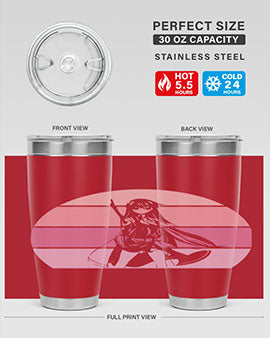 Anime art 197# tumbler featuring vibrant anime designs, double wall vacuum stainless steel construction, and a press-in drink-thru lid.