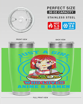 Anime art 201# tumbler featuring vibrant anime designs, double wall vacuum insulation, and a press-in lid, perfect for hot and cold beverages.