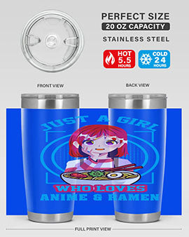 Anime art 201# tumbler featuring vibrant anime designs, double wall vacuum insulation, and a press-in lid, perfect for hot and cold beverages.