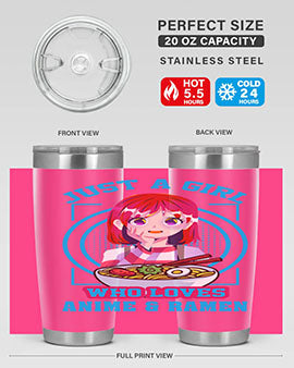 Anime art 201# tumbler featuring vibrant anime designs, double wall vacuum insulation, and a press-in lid, perfect for hot and cold beverages.