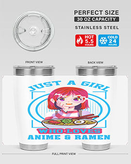 Anime art 201# tumbler featuring vibrant anime designs, double wall vacuum insulation, and a press-in lid, perfect for hot and cold beverages.