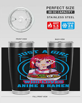 Anime art 201# tumbler featuring vibrant anime designs, double wall vacuum insulation, and a press-in lid, perfect for hot and cold beverages.