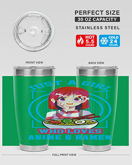 Anime art 201# tumbler featuring vibrant anime designs, double wall vacuum insulation, and a press-in lid, perfect for hot and cold beverages.