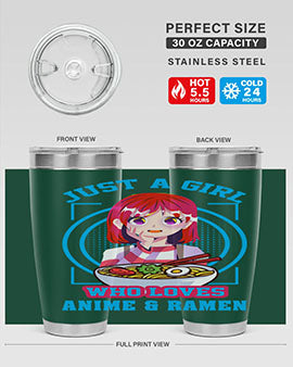 Anime art 201# tumbler featuring vibrant anime designs, double wall vacuum insulation, and a press-in lid, perfect for hot and cold beverages.