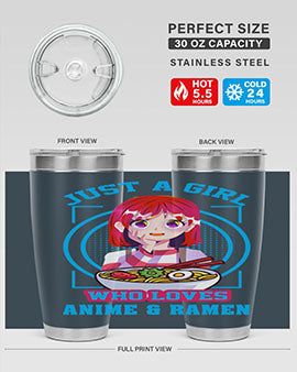 Anime art 201# tumbler featuring vibrant anime designs, double wall vacuum insulation, and a press-in lid, perfect for hot and cold beverages.