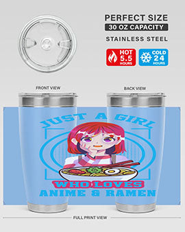 Anime art 201# tumbler featuring vibrant anime designs, double wall vacuum insulation, and a press-in lid, perfect for hot and cold beverages.