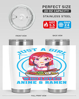Anime art 201# tumbler featuring vibrant anime designs, double wall vacuum insulation, and a press-in lid, perfect for hot and cold beverages.