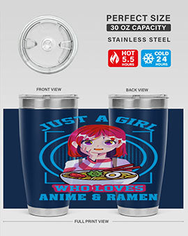 Anime art 201# tumbler featuring vibrant anime designs, double wall vacuum insulation, and a press-in lid, perfect for hot and cold beverages.