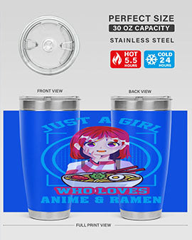Anime art 201# tumbler featuring vibrant anime designs, double wall vacuum insulation, and a press-in lid, perfect for hot and cold beverages.