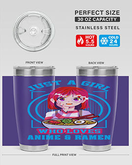 Anime art 201# tumbler featuring vibrant anime designs, double wall vacuum insulation, and a press-in lid, perfect for hot and cold beverages.
