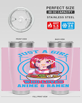 Anime art 201# tumbler featuring vibrant anime designs, double wall vacuum insulation, and a press-in lid, perfect for hot and cold beverages.