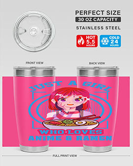 Anime art 201# tumbler featuring vibrant anime designs, double wall vacuum insulation, and a press-in lid, perfect for hot and cold beverages.