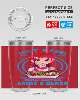 Anime art 201# tumbler featuring vibrant anime designs, double wall vacuum insulation, and a press-in lid, perfect for hot and cold beverages.