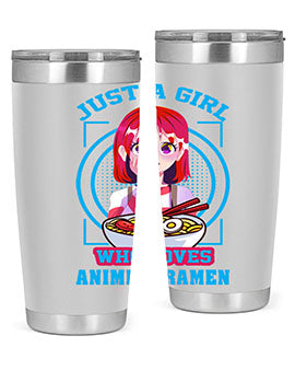 Anime art 201# tumbler featuring vibrant anime designs, double wall vacuum insulation, and a press-in lid, perfect for hot and cold beverages.