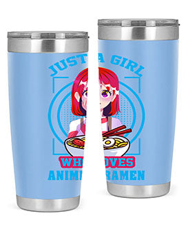Anime art 201# tumbler featuring vibrant anime designs, double wall vacuum insulation, and a press-in lid, perfect for hot and cold beverages.