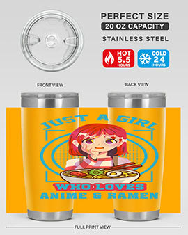 Anime art 201# tumbler featuring vibrant anime designs, double wall vacuum insulation, and a press-in lid, perfect for hot and cold beverages.