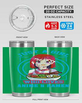 Anime art 201# tumbler featuring vibrant anime designs, double wall vacuum insulation, and a press-in lid, perfect for hot and cold beverages.