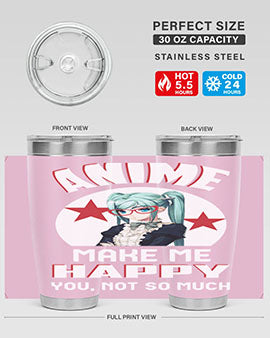 Anime Make Me Happy tumbler featuring a stylish design with double wall vacuum stainless steel and a drink-thru lid.