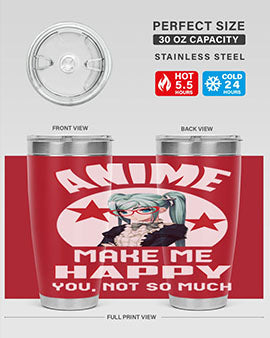 Anime Make Me Happy tumbler featuring a stylish design with double wall vacuum stainless steel and a drink-thru lid.