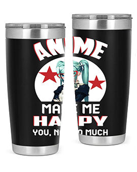Anime Make Me Happy tumbler featuring a stylish design with double wall vacuum stainless steel and a drink-thru lid.